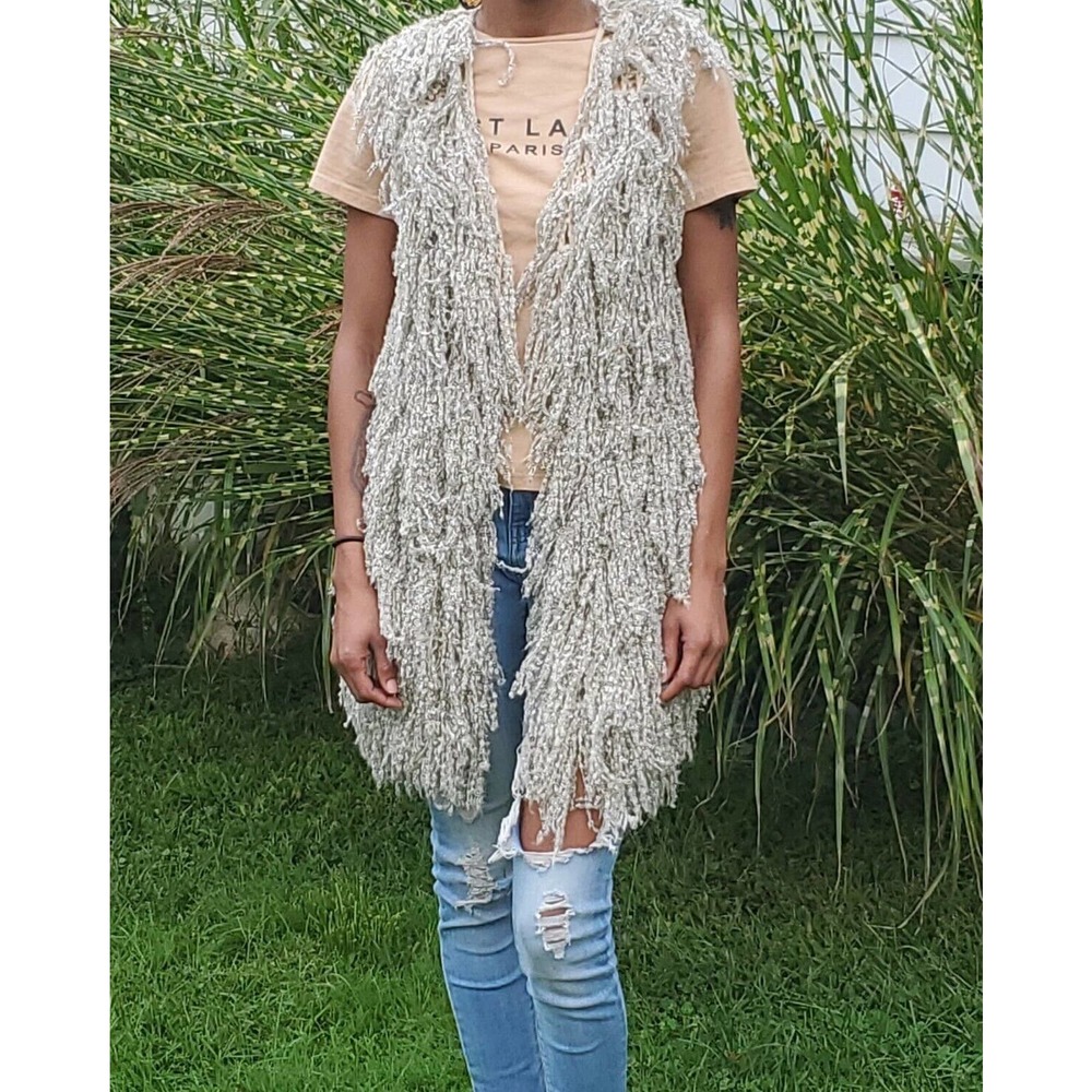 Rain Medium Women’s Funky Beige Black Fringed Sleeveless Open Front Vest Jacket